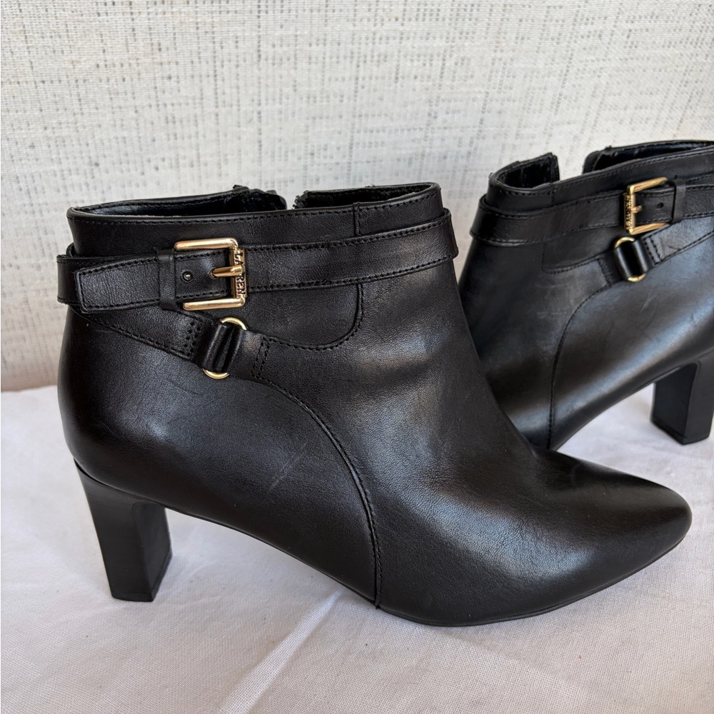 Ralph Lauren Black Leather Ankle Booties with Gold Buckle